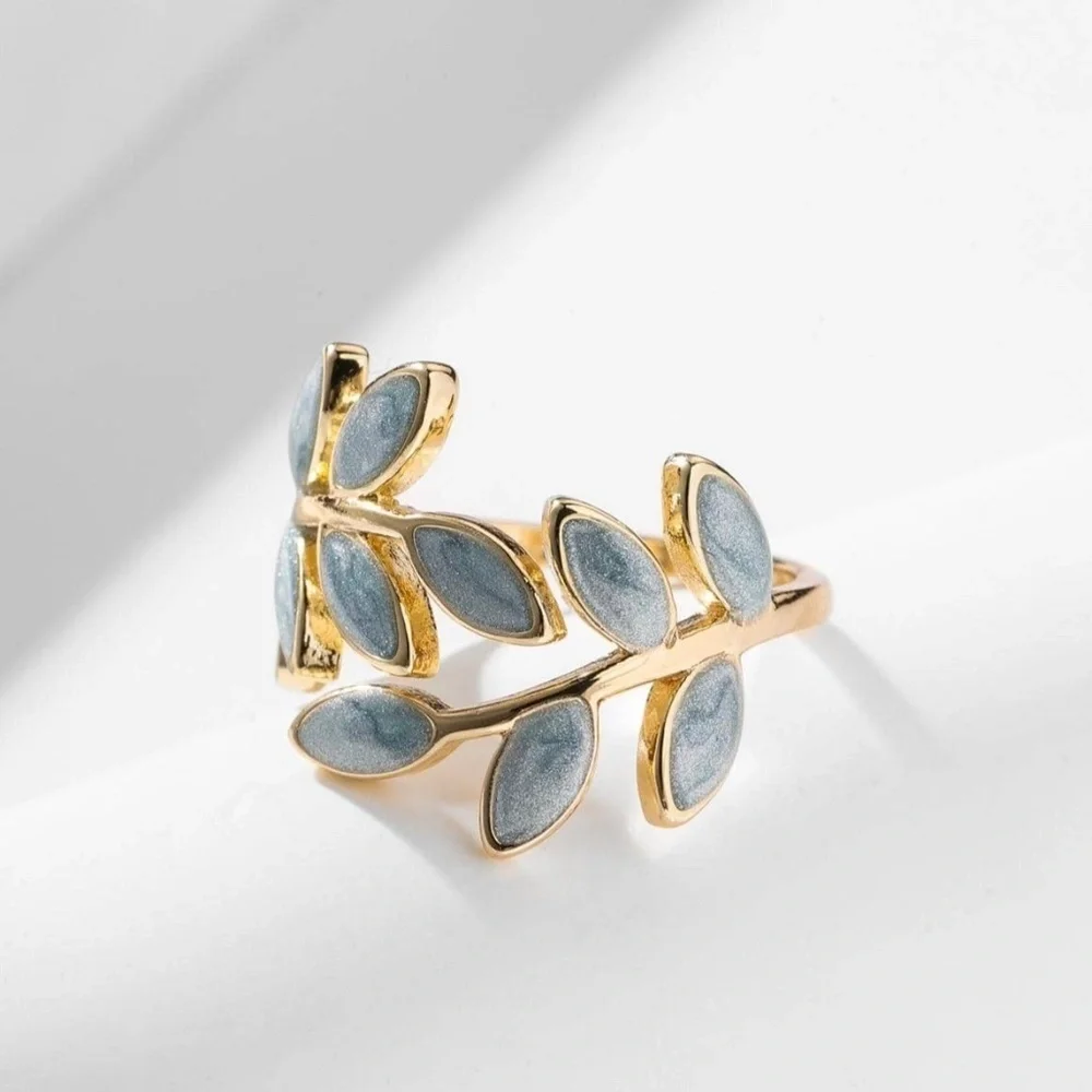 NEW Leaf Design Cuff Ring Gold Blue Adjustable Boho Festival Leaves Botany Plant